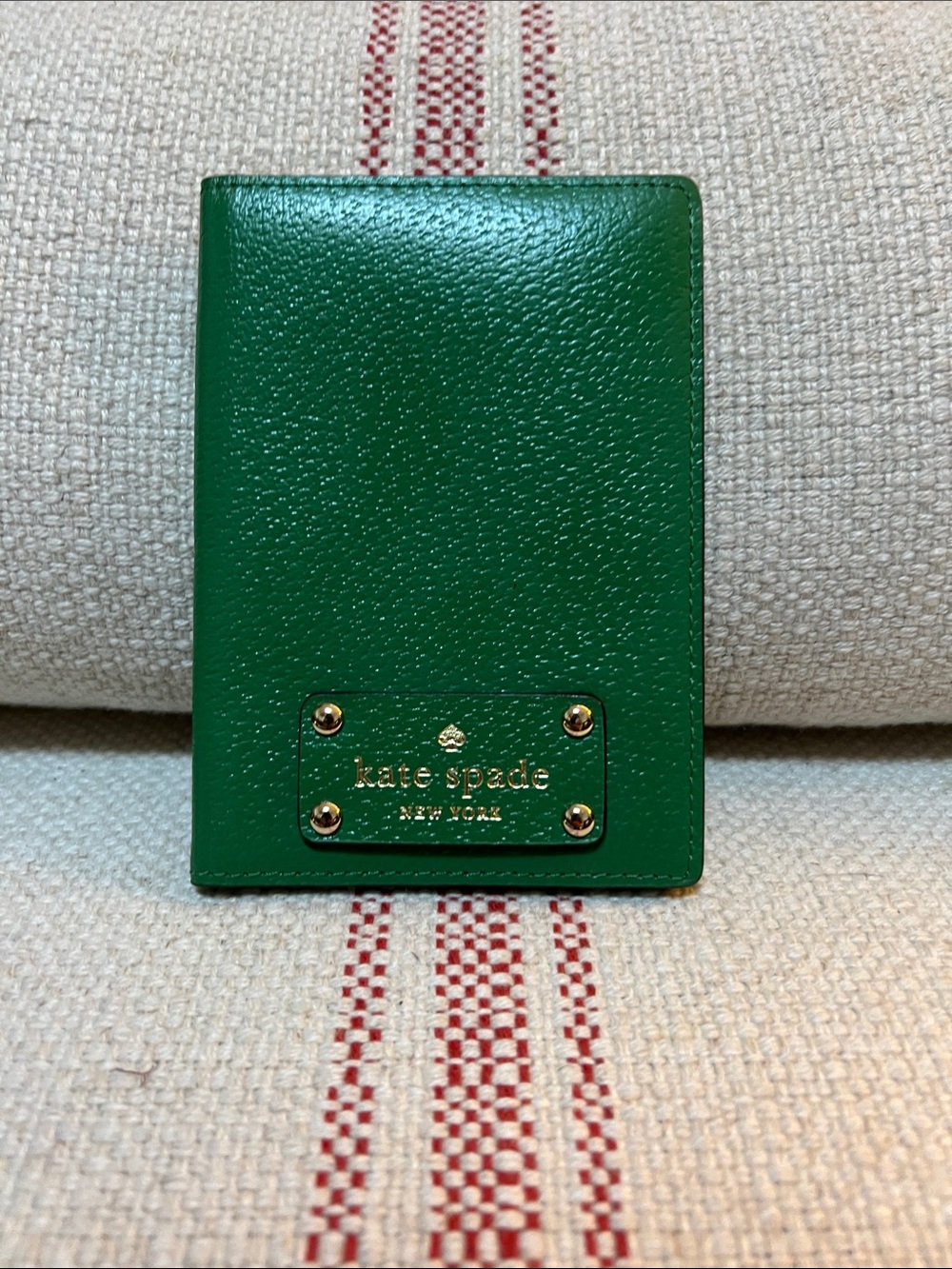 Kate Spade Emerald Green Leather Passport Holder with Gold Plaque